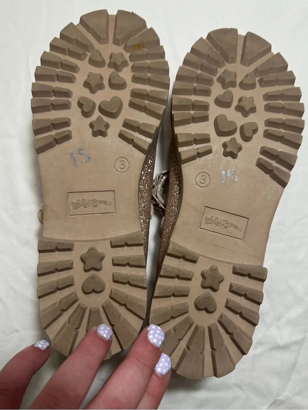 Rose Gold Glitter Mary Jane Shoes with Velcro floral  strap. Size 3M